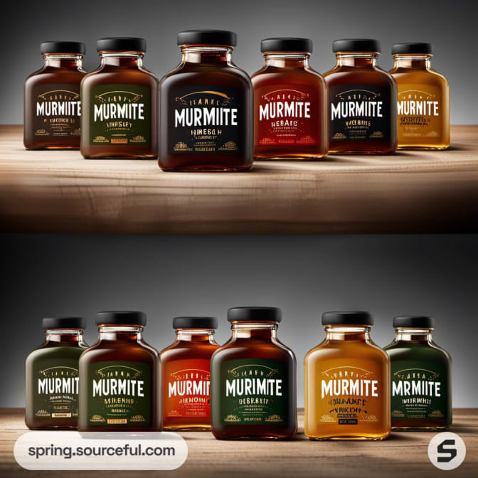 Nine dark glass jars with multicolor labels on wooden surface.