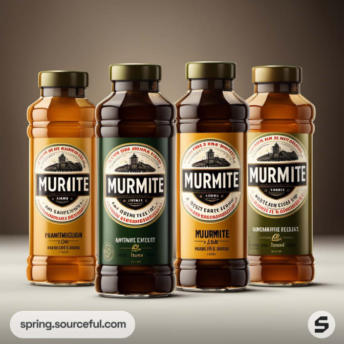 Four amber bottles with multicolor labels on gradient background.