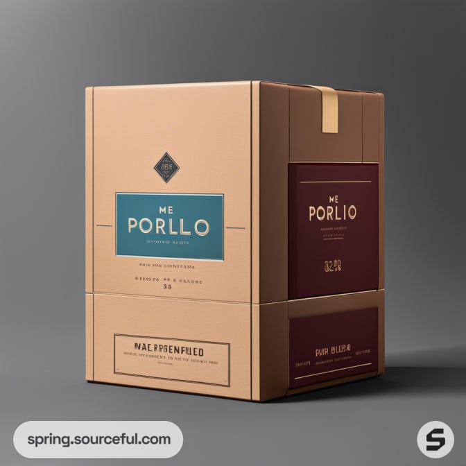 Large tan and burgundy box with blue label on a gray background.