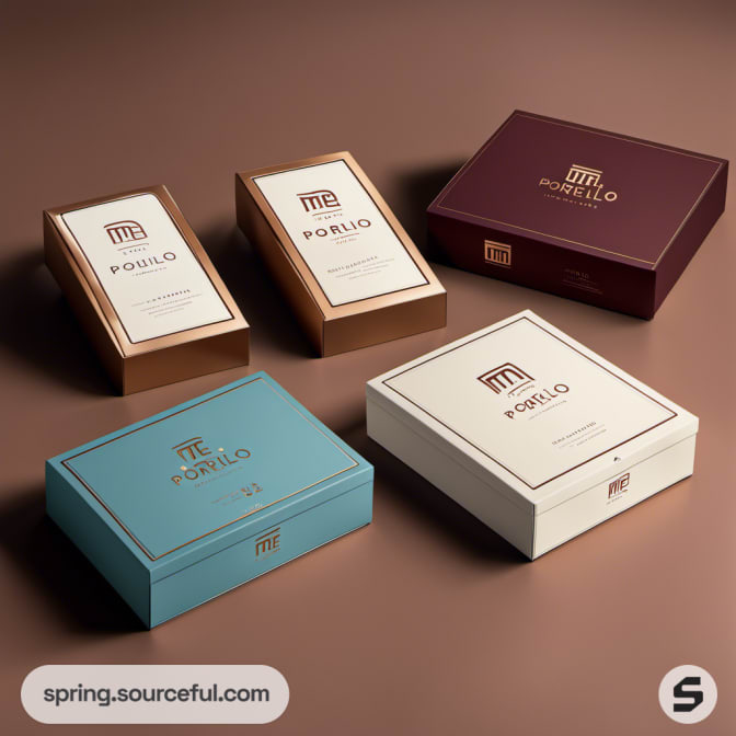 Assorted brown, blue, and cream rectangular boxes on a brown surface.