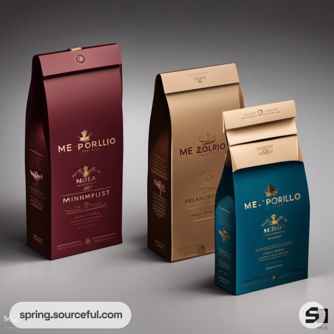 Three colored upright packages in red, tan, and blue.