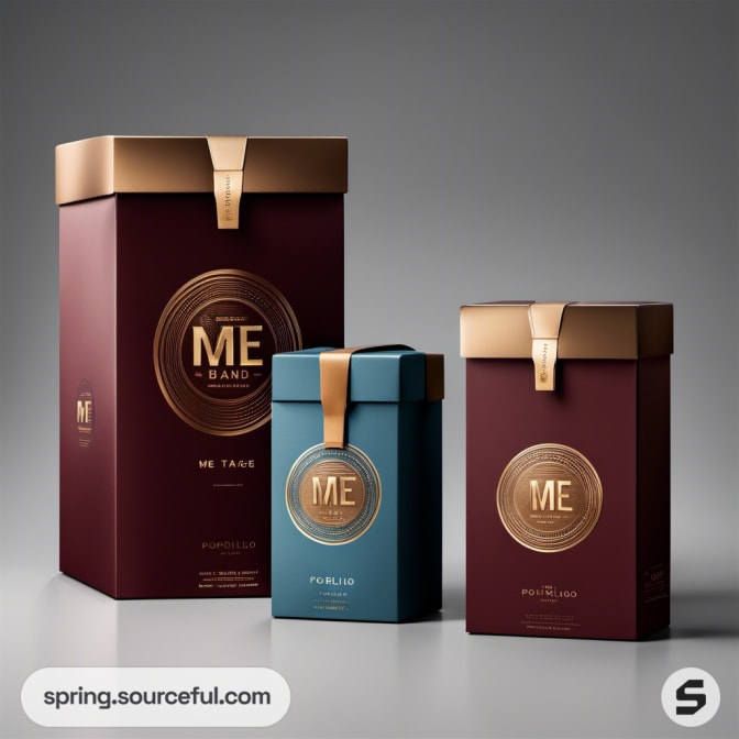 Tall red and blue boxes with gold accents and lids.