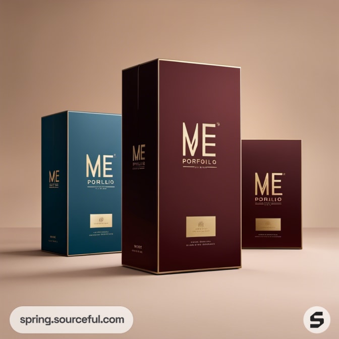 Three tall boxes in blue, maroon, and burgundy with gold writing.