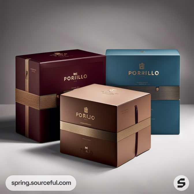 Three square boxes in maroon, brown, and blue with gold accents.