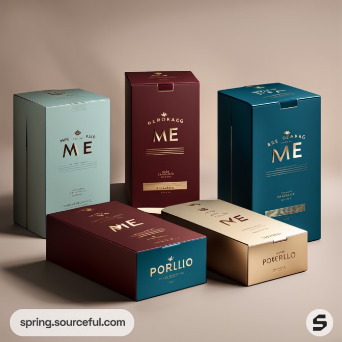 Five rectangular boxes in maroon, blue, and gold on a beige surface.
