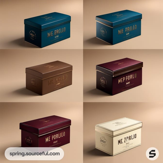 Six rectangular boxes in shades of blue, brown, and maroon.
