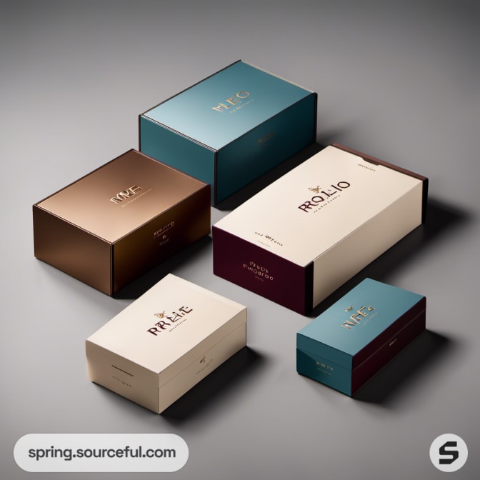 Three assorted blue, brown, and cream boxes on a gray background.