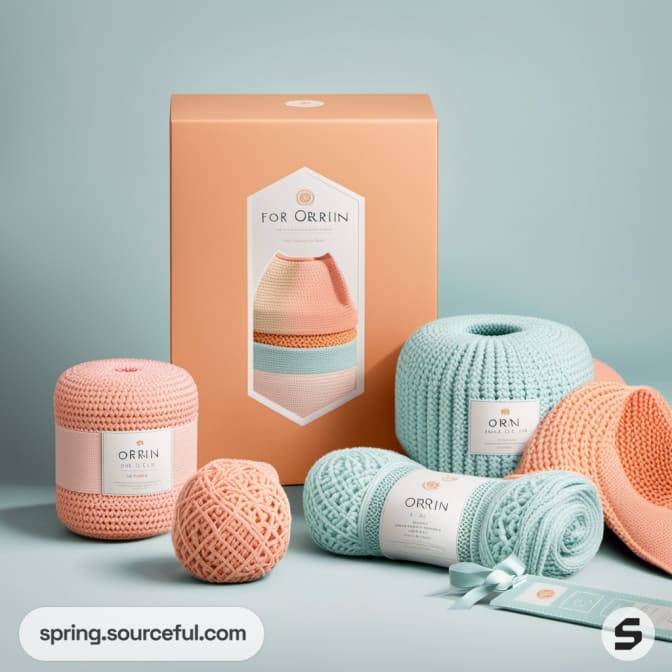 Peach and mint yarn balls and packaging box on pastel backdrop.