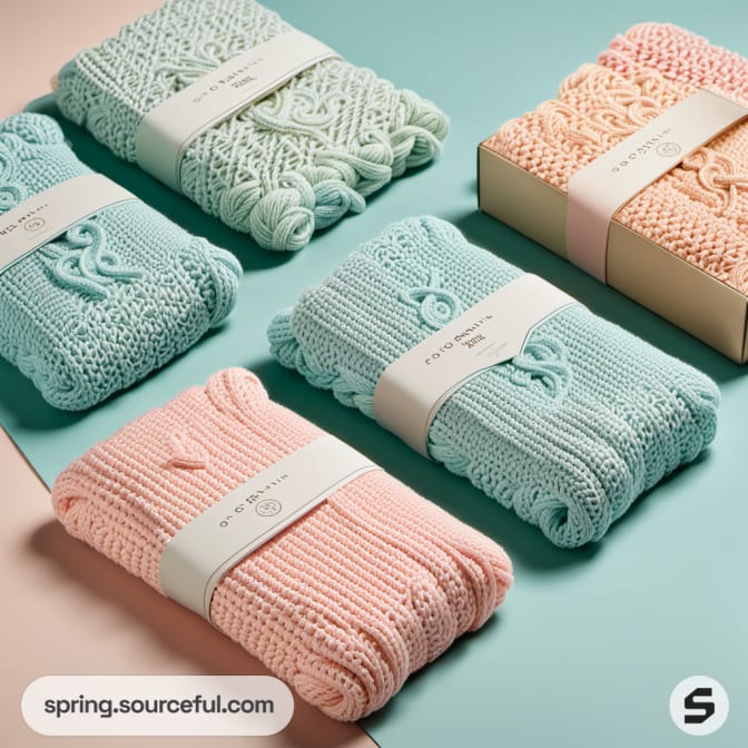 Assorted peach and mint crochet fabrics on pastel background.