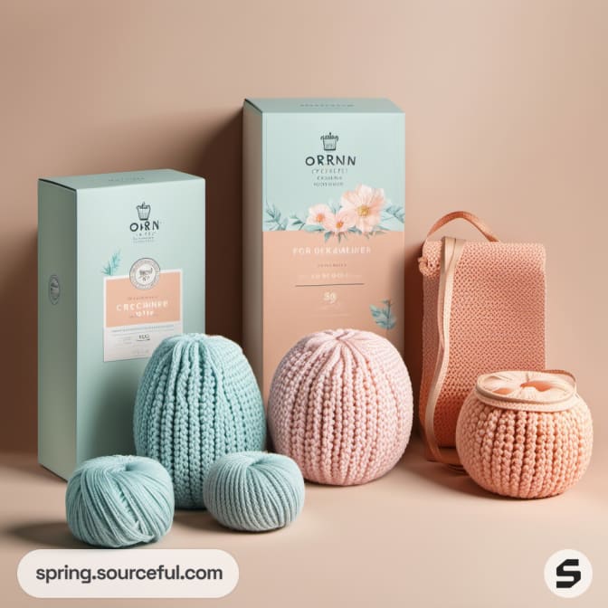 Peach and mint yarn with floral-themed packaging boxes.