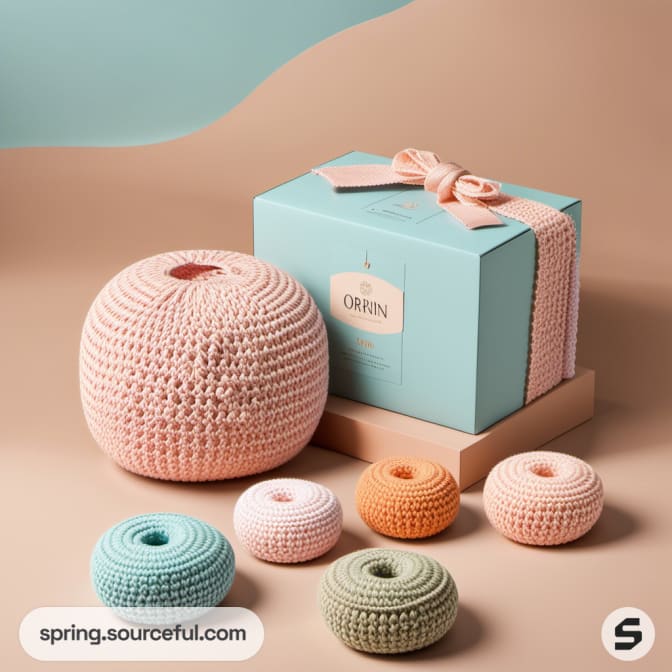 Peach and mint crochet spheres with ribbon-tied box.