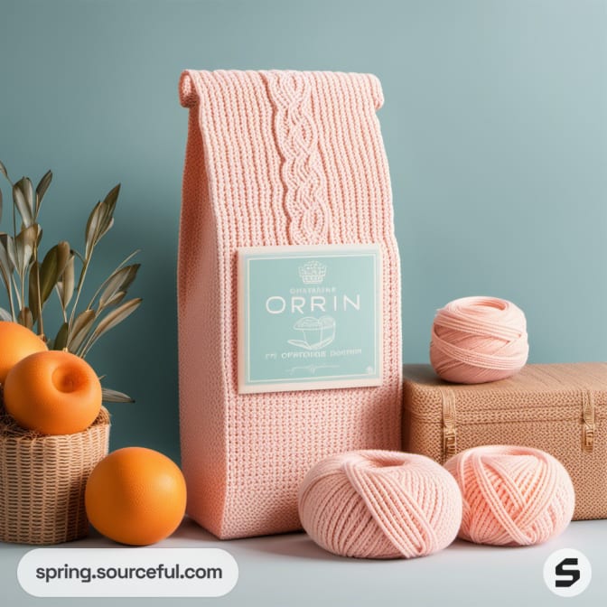 Knitted peach gift set with yarn and oranges on the side.