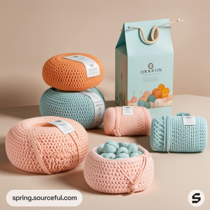 Crochet yarn balls with mint gift bag on beige surface.