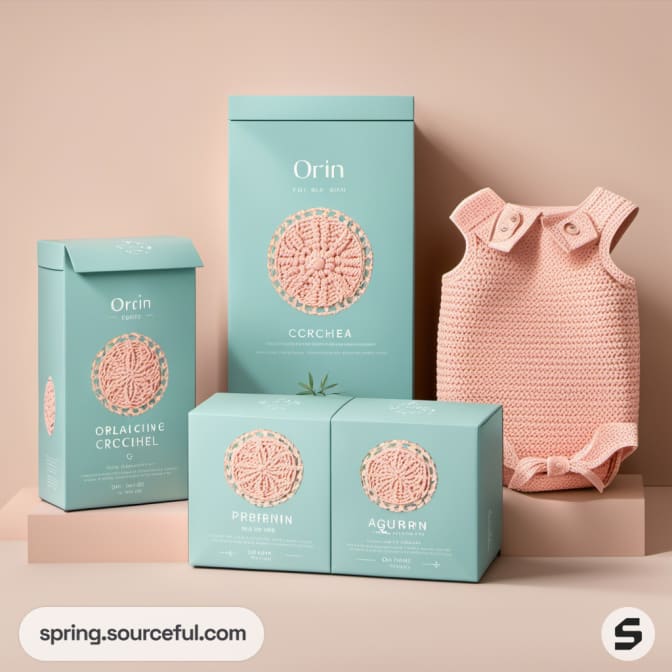 Peach crochet garment with mint-themed packaging boxes.