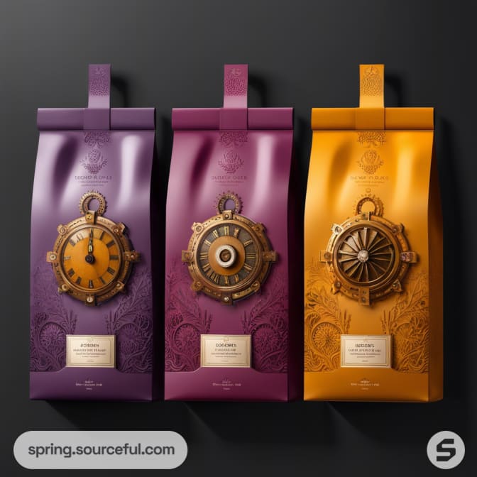 Three colored coffee bags with elaborate designs: purple, burgundy, and orange featuring compass motifs on a dark background.