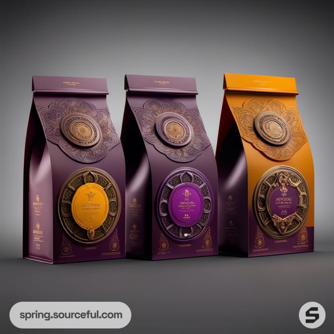 Set of three ornate tea boxes, purple and orange, with intricate circular designs on the front.