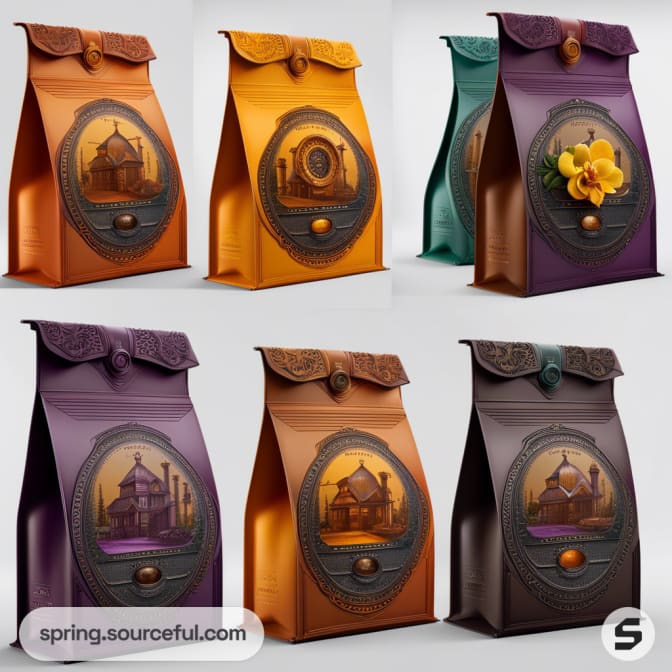 Colorful decorative tea pouches with Indian-themed artwork and ornate designs in various colors.