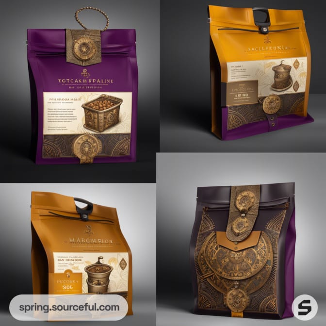 Purple and orange resealable pouches with vintage-style coffee labels.