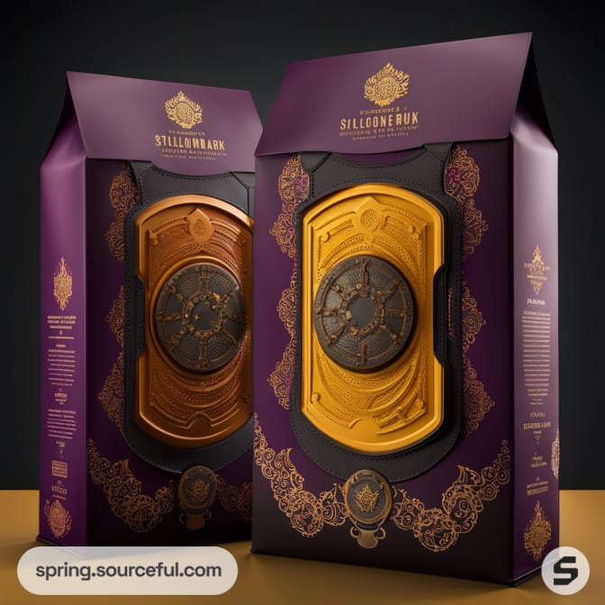 Ornate gold and brown packaging with decorative patterns, featuring a shield or emblem design on a dark background.