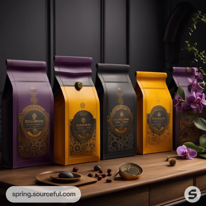 Elegant coffee packaging with intricate designs in purple, gold, and black on a wooden surface.