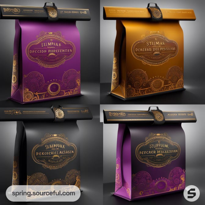 Four luxury coffee pouches in black, brown, and purple with ornate designs and gold accents.