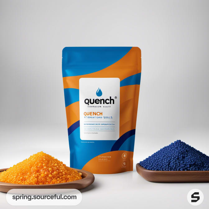 Orange and blue resealable pouch with salt granules displayed on plates.