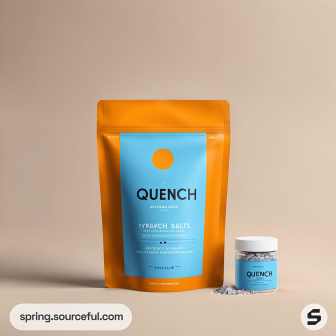 Blue and orange resealable pouch with small salt jar next to it.