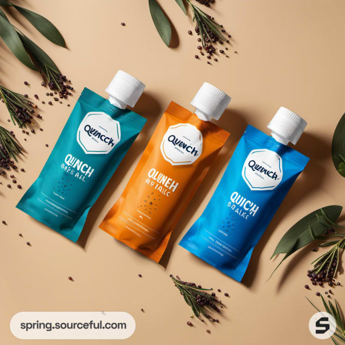 Three Quench pouches in teal, orange, and blue with herbs on beige background.