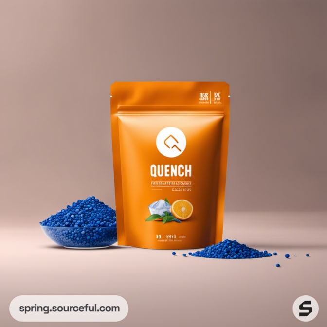 Orange resealable pouch with blue salt granules in a bowl and scattered.