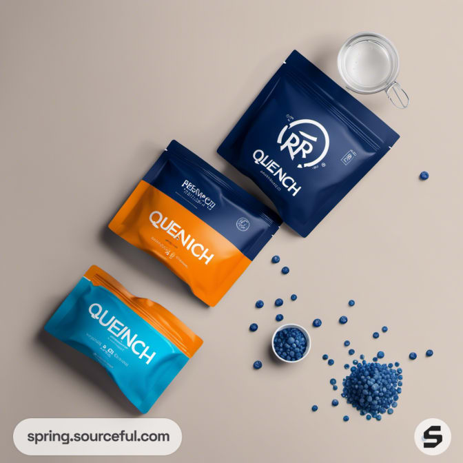 Three Quench pouches, two blue and one orange, with spilled granules.