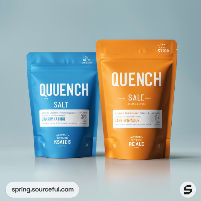 Two Quench pouches, one blue and one orange, on light blue background.