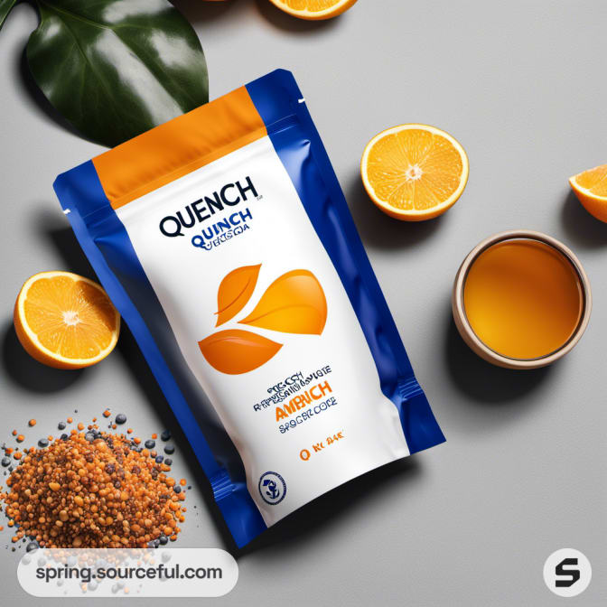 Quench pouch with orange design surrounded by oranges and juice.