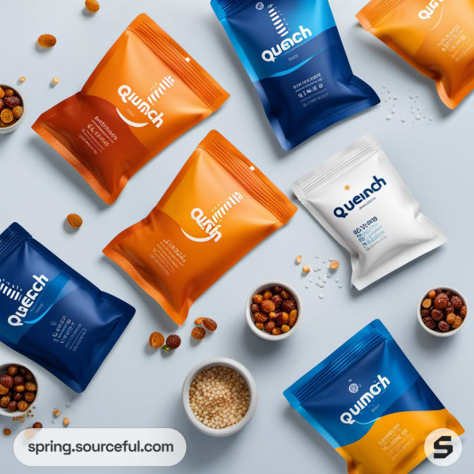 Assorted Quench pouches in blue and orange with nuts and grains.