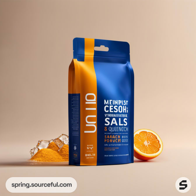 Blue and orange pouch with oranges and salt granules in the background.