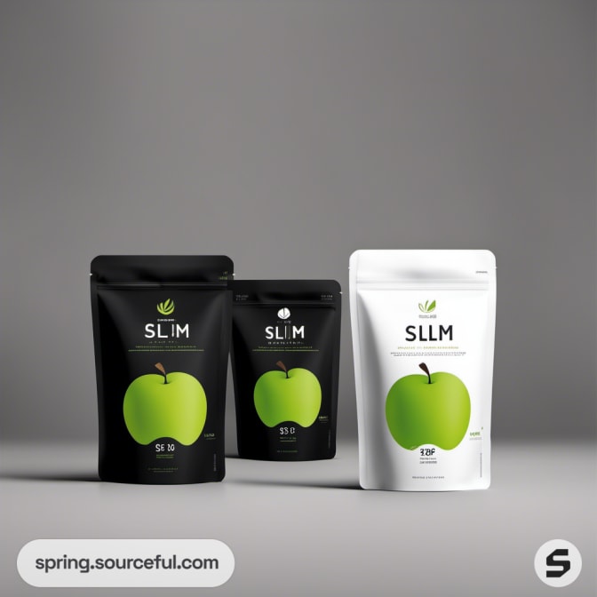 Black and white resealable pouches with green apple design.