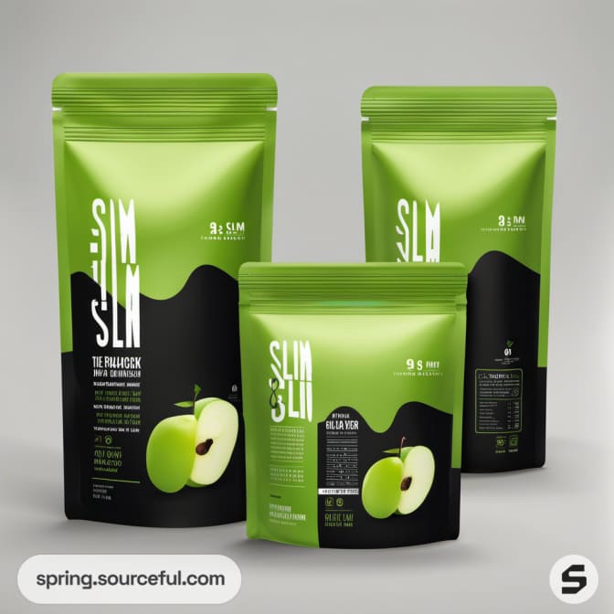 Green resealable pouches with apple graphics.