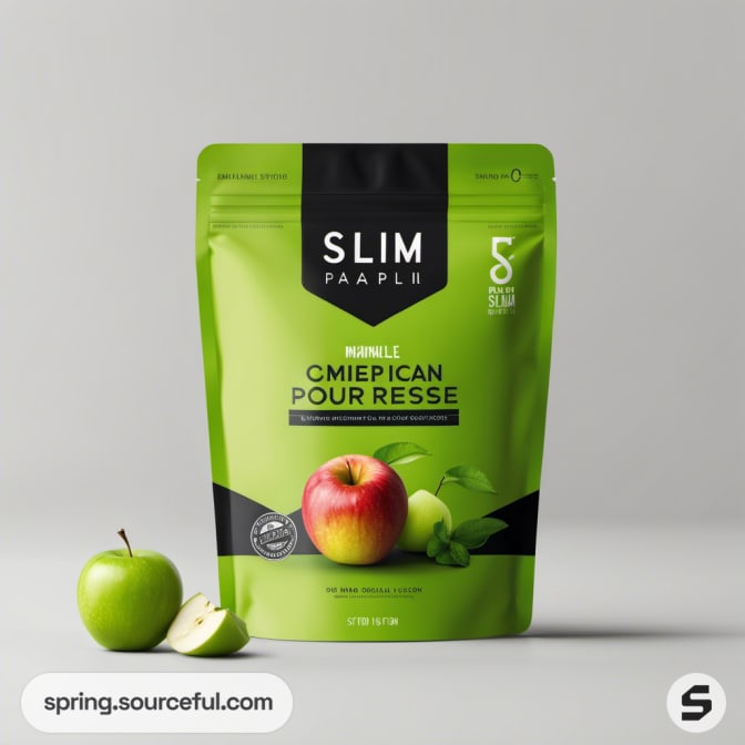 Green resealable pouch with red and green apple graphics.
