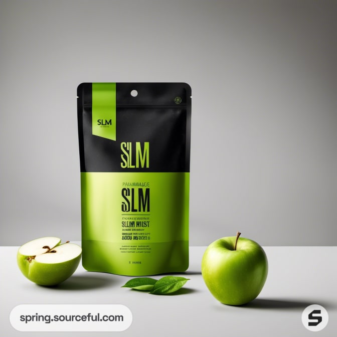 Black and green resealable pouch with apples.