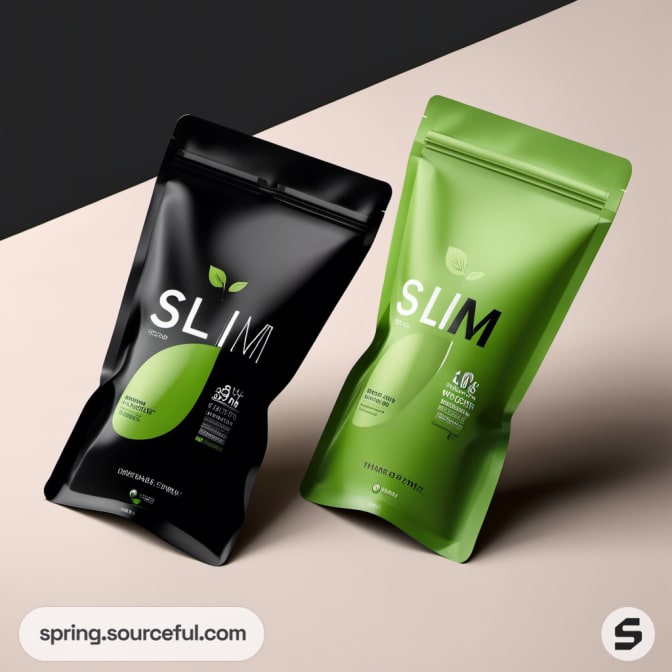 Black and green resealable pouches, minimal design.