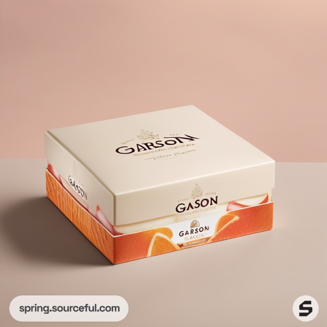 Square cream box with orange floral design on pink background.
