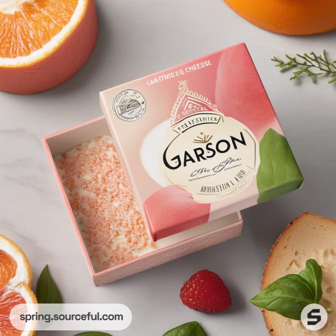 Small square pink box with peeled top and tropical elements around.