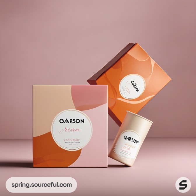 Cream and orange packaging with box and cylindrical container.