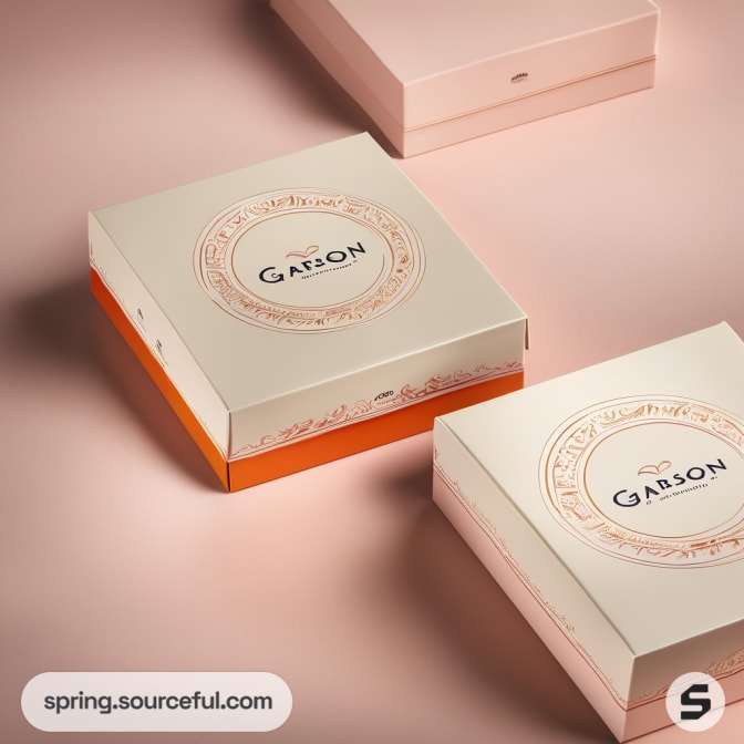 Square cream and peach box with decorative patterns on pink surface.