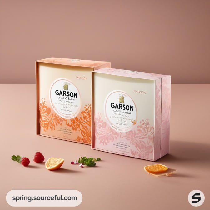 Two rectangular boxes with floral designs in pink and orange hues.