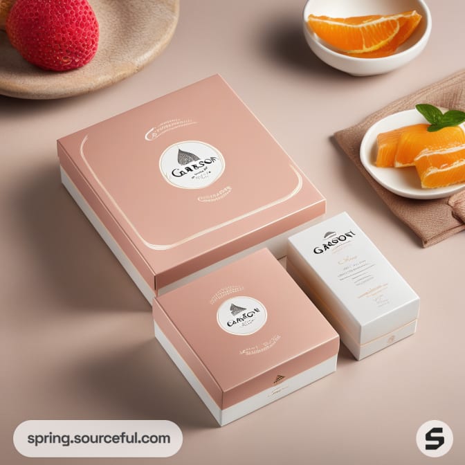 Assorted cream toiletries in pink boxes with oranges and herbs.