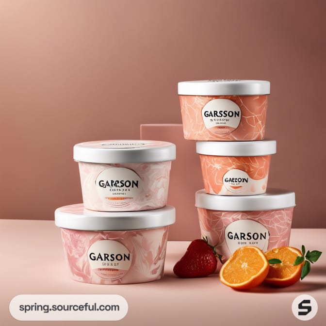 Stack of pink and orange cream tubs with citrus and strawberry.