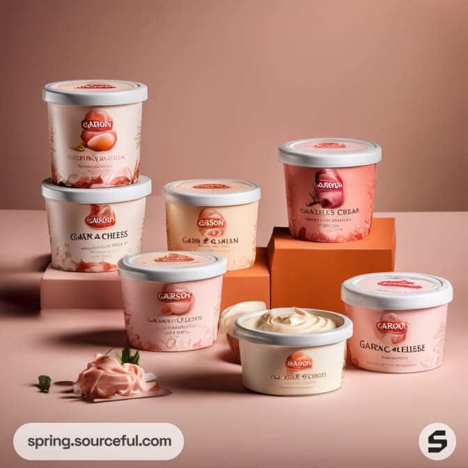 Assorted cream and cheese tubs in pink and orange tones.