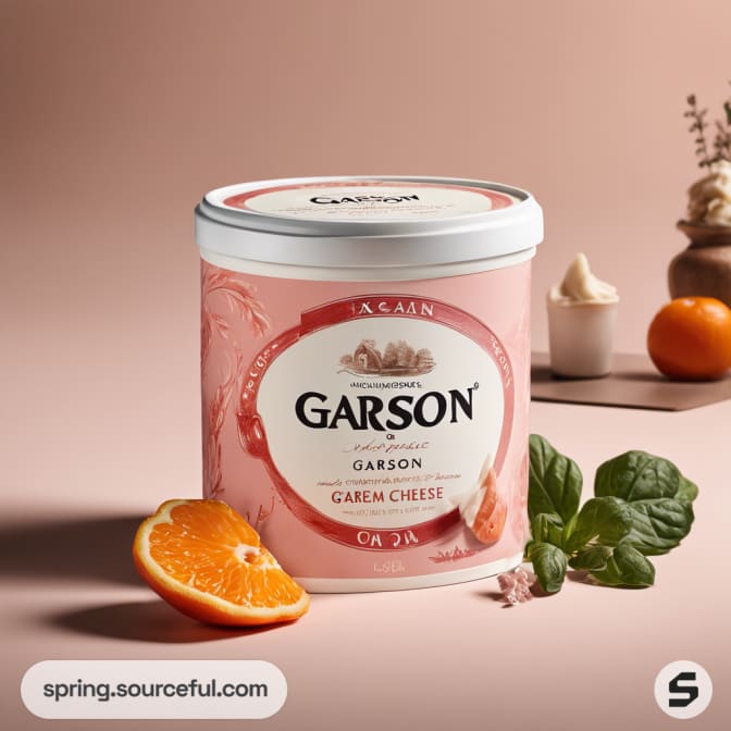 Cream cheese tub with orange pattern beside citrus and basil.