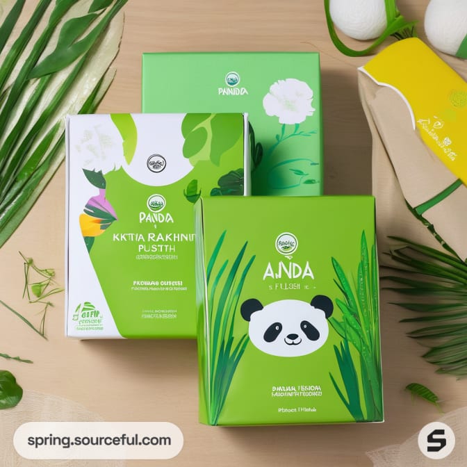 Bright green boxes featuring panda illustrations with tropical leaf patterns and eco-friendly text.