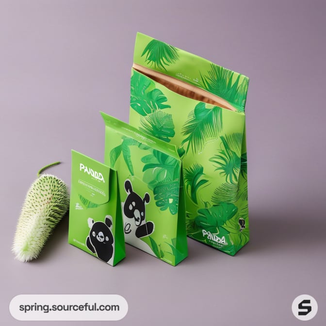 Three green resealable pouches with panda designs against a purple background and a caterpillar next to them.